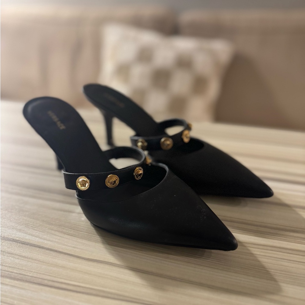 Versace Black Sling Back Heels with Gold Medallions